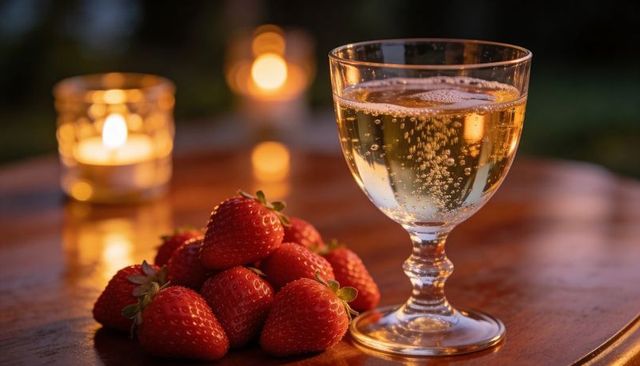 Candlelit sparkling wine glass with ripe strawberries on wooden table at dusk, golden bubbles