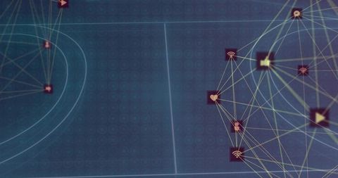 Connecting futuristic network mesh with social and data icons across holographic blue grid