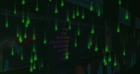 Binary Streams Overlaying Digital Dashboard Analytics Interface