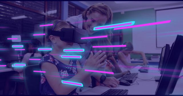 Teacher guiding young student wearing virtual reality headset in a classroom. Neon lights add a futuristic feel. Can be used to depict modern education, tech advancements in classrooms, innovative teaching methods, and engaging learning environments.