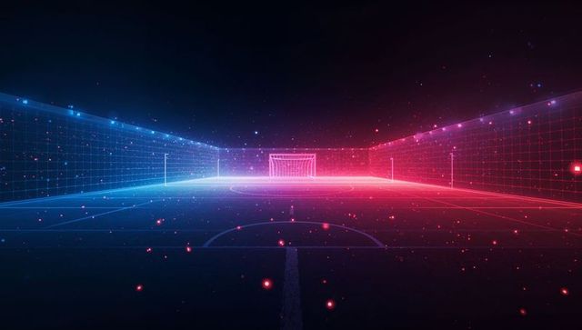 Glowing neon soccer goal on holographic arena horizon with grid walls and futuristic glow
