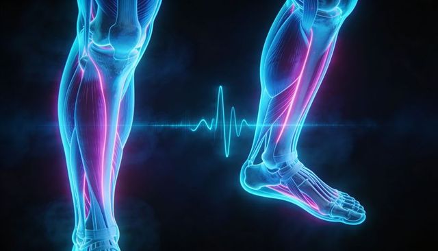 Neon 3d lower leg anatomy with tibia tendons and ecg waveform for medical education