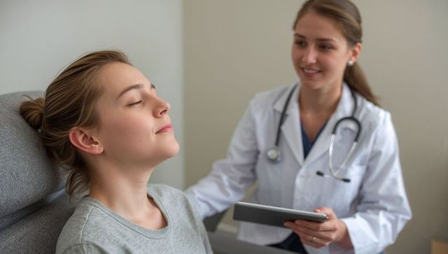 Young patient receiving empathetic consultation from doctor holding tablet and stethoscope