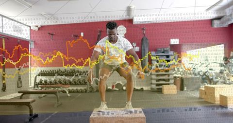 Athlete performing single-leg plyo step-up with performance data overlay