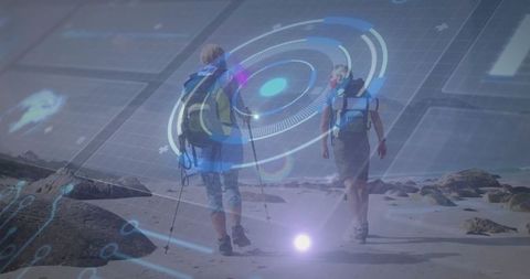 Active Seniors Hiking Sandy Beach with Augmented Reality Overlay