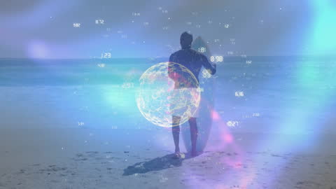 Surfer Walking on Beach with Digital Globe Overlay