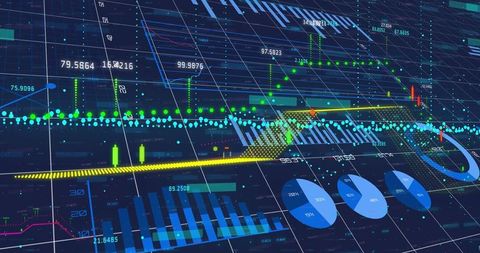 Displaying neon trading dashboard with candlestick charts, yellow trendline, blue bar graphs