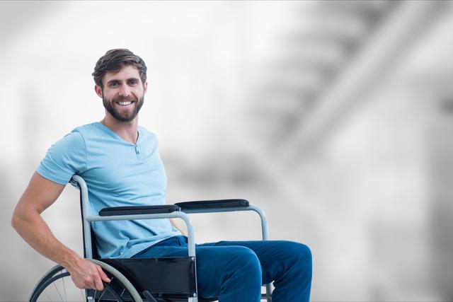 Digital composite of Portrait of man sitting on wheelchair in hospital