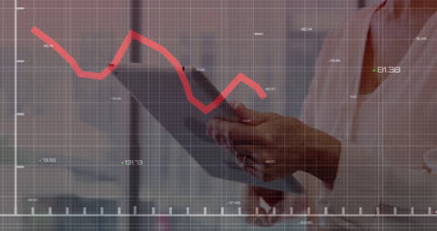 Businesswoman Analyzing Declining Stock Data on Digital Tablet