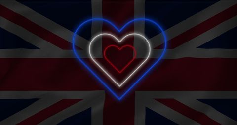Neon hearts on uk flag: love and patriotism concept