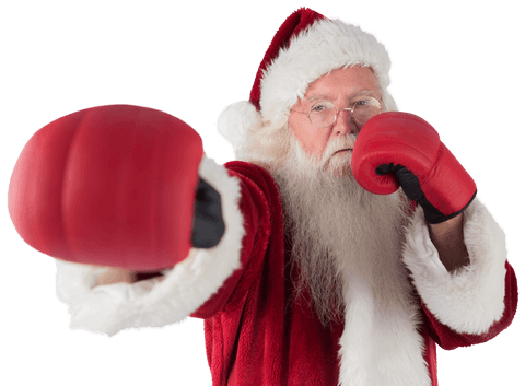Energetic Santa Boxing Pose on Transparent Background