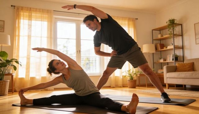 Couple doing side stretches in sunlit living room for home fitness and wellness