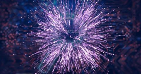 Pulsing Particle Burst Radiating Neon Filaments Over Digital Circuitry Halo