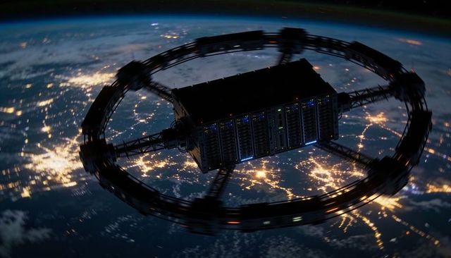 Rotating Orbital Wheel Habitat Over Night Earth With Illuminated City Grid Below