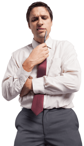 transparent confused businessman with red tie holding pen to chin - Download Free Stock Videos Pikwizard.com