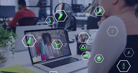 Professional collaborating remotely with sustainability concepts