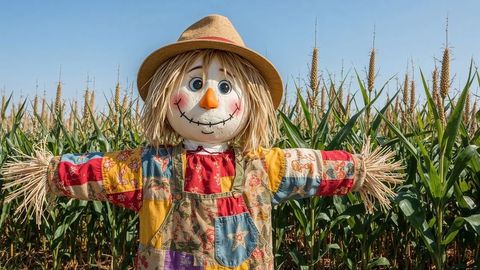 Scarecrow with patchwork outfit in lush cornfield