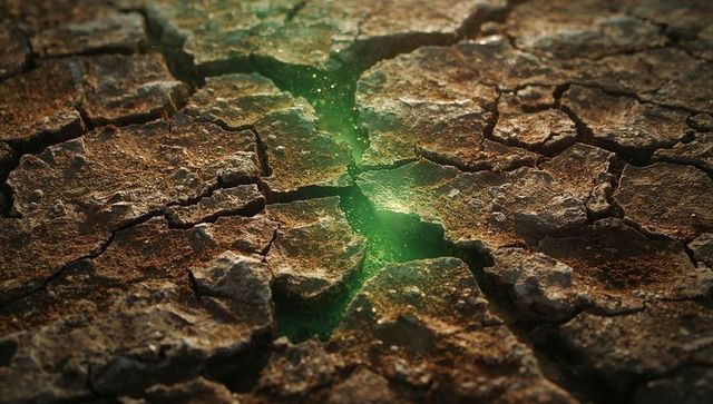 Glowing green fissure splitting parched cracked clay plates on arid ground