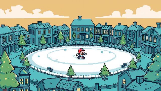 Pixel art child skating on frozen circular rink in cozy teal town square winter evening
