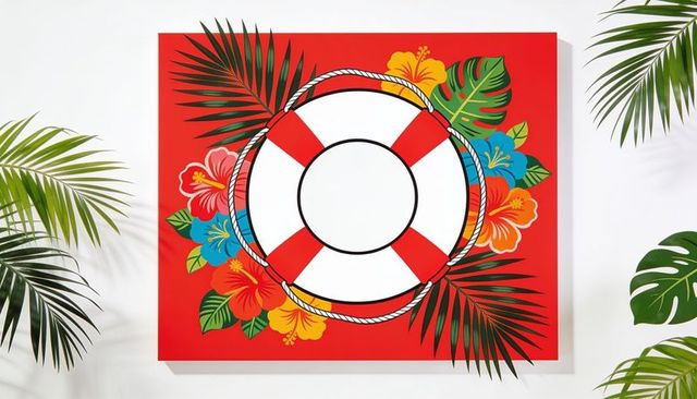 Lifebuoy framing tropical hibiscus and palm leaves on vibrant red canvas wall art