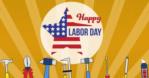 Happy labor day design featuring tool icons and patriotic star