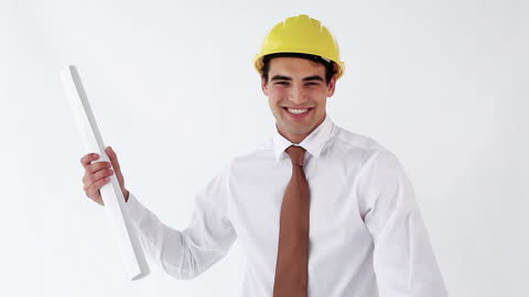 Smiling Engineer Holding Blueprints in White Shirt and Tie