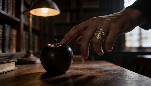 Mystic study hand reaching for dark red apple with ornate gold signet ring