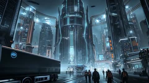 Zooming Toward Neon Central Tower as Commuters Walk Wet Streets in Futuristic Metropolis