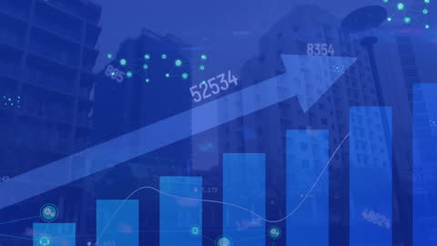 Digital Analytics with Financial Bar Graph Over City Scraper View