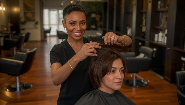 Hairstylist perfecting client haircut in modern salon