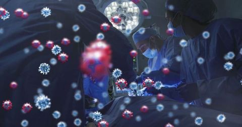 Surgical Team with Overlay of Virus Icons in Operating Room