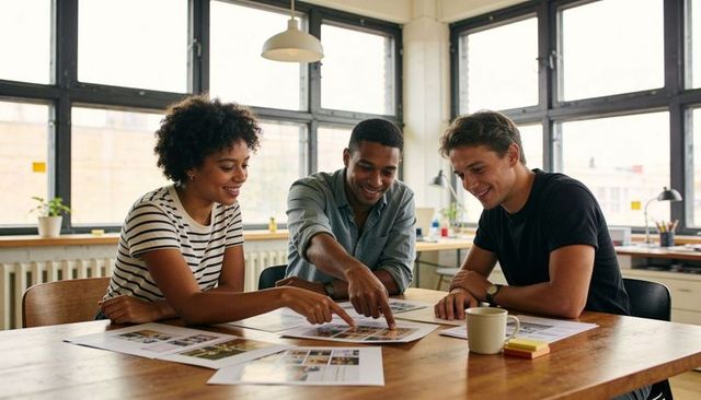Creative team collaborating over printed layouts in bright open-plan office brainstorming