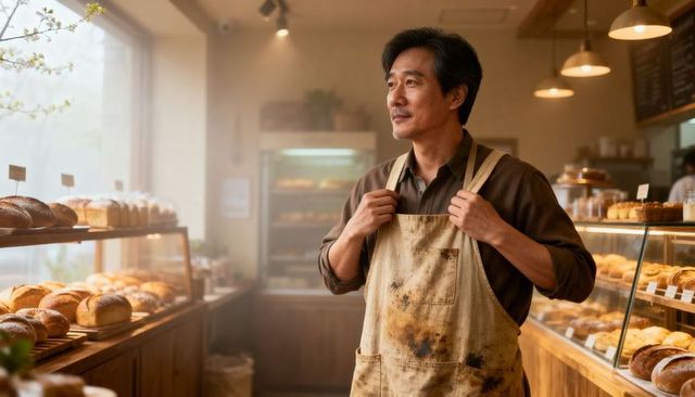 Standing asian baker surveying sunlit rustic bakery with fresh loaves and pastry display