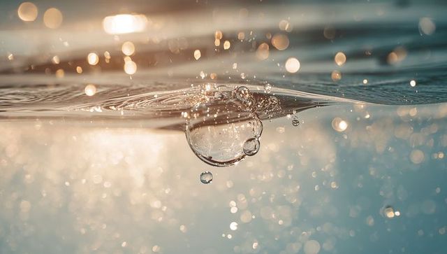 Sunlit rising water bubble with shimmering rim and bokeh underwater macro