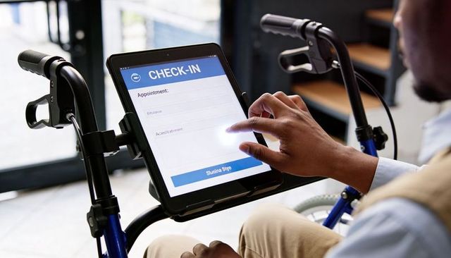 Senior Using Tablet on Rollator Checking In at Clinic Reception Digital Check-In Form