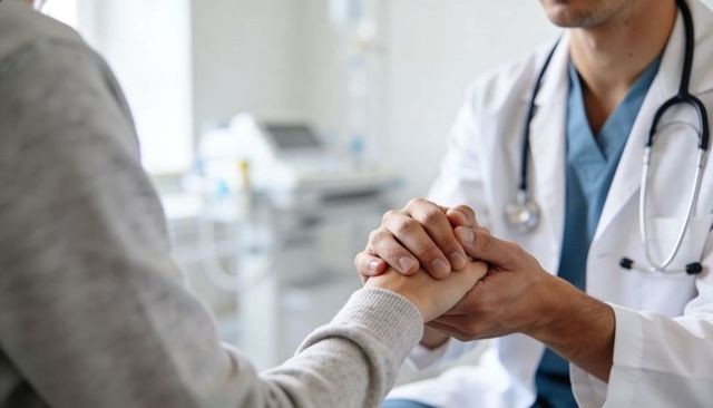 Physician holding patient hands offering comfort and reassurance during consultation