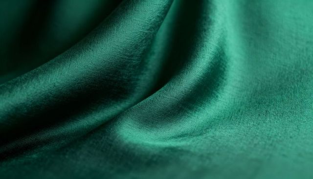 Emerald satin fabric draping with luxurious silk sheen, smooth folds and rich texture macro