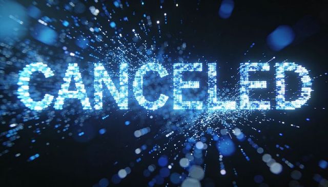 Glowing CANCELED text emitting blue digital particles, neon bokeh futuristic motion