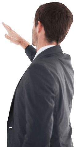 Transparent businessman pointing upward in focused gesture