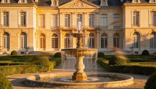 Golden-hour three-tier fountain in formal french courtyard with trimmed hedges and mansion