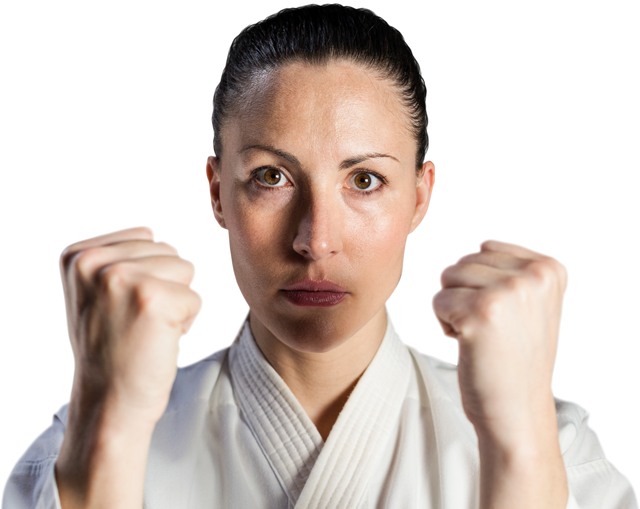 Confident Woman in Karate Uniform Performing Powerful Stance on Transparent Background - Download Free Stock Videos Pikwizard.com