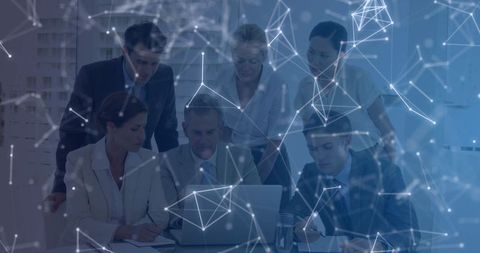 Team analyzing data with digital connections in boardroom