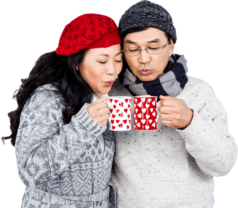 Happy Elder Couple Enjoying Hot Drinks with Heart Mugs on Transparent Background