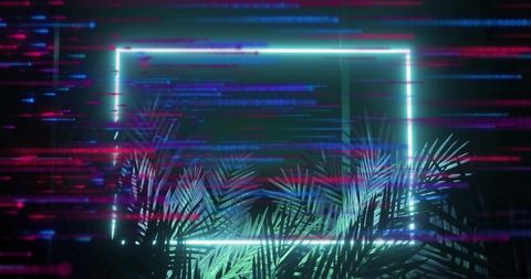 Neon rectangle with digital glitch over tropical palms