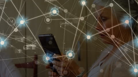 Elderly Woman Using Smartphone with Digital Connection Overlay