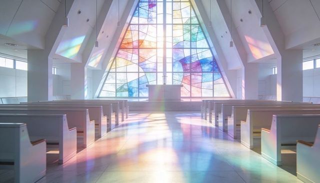 Sunlight streaming through triangular stained glass, pastel glow filling modern chapel interior