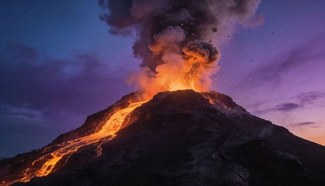 Erupting volcano at dusk with molten lava flow, ash plume and glowing embers