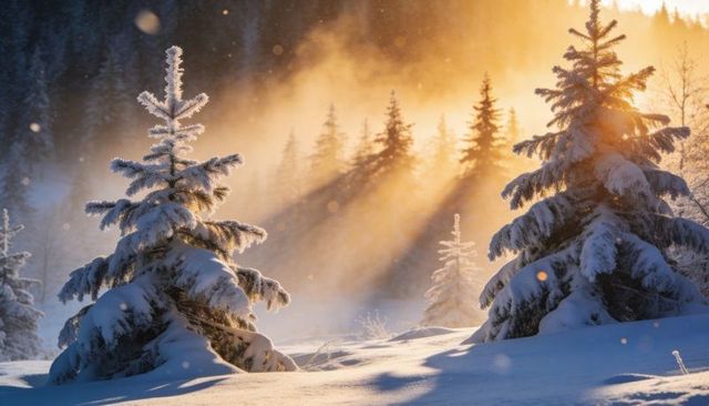 Sunlit winter clearing with frosted firs, golden sunrays, falling snow, mist