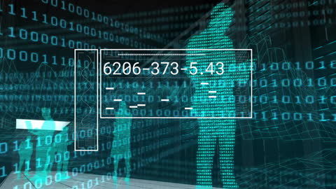 Binary Code Overlay and Business Professionals in Virtual Space