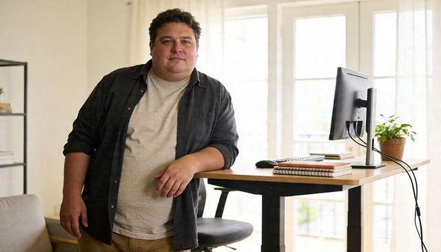 Casual man leaning at home standing desk with monitor and notebooks for remote work
